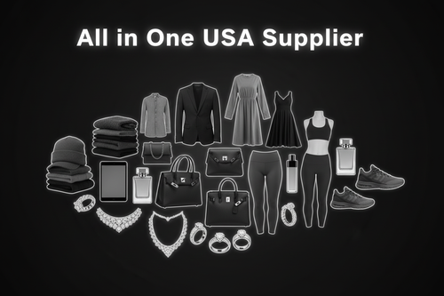 All in One USA Supplier - monochrome products with white glow on matte black background